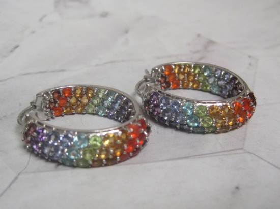 Sterling Silver Multi-Colored Crystal Hoop Earrings