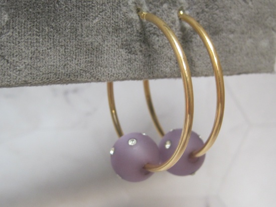 14k Gold Hoop Earrings with Purple Ball Charms