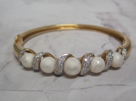 14K Gold Bangle Bracelet with Pearls and Diamonds
