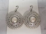 Silvertone Round Earrings with Mother of Pearl Stones