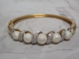 14K Gold Bangle Bracelet with Pearls and Diamonds