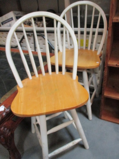 2 Spindle Back Wood Swivel Bar/Counter Chairs