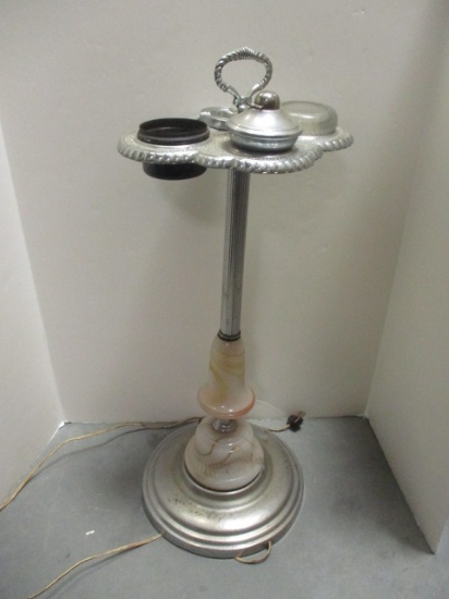 Art Deco Metal and Slag Glass Light-Up Smoking Stand