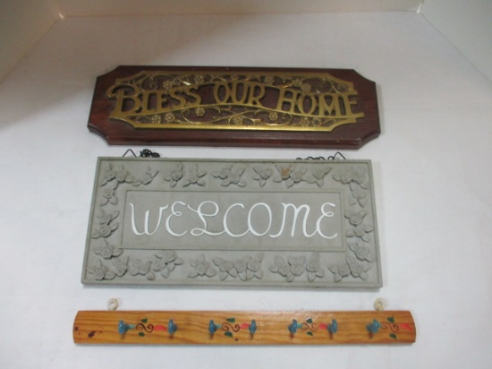 Wood and Brass "Bless Our Home" Plaque, Stone "Welcome" Sign, and