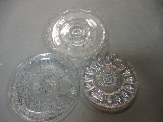 Vintage Pressed Glass Deviled Egg Plate, Platter, and Pedestal Cake Plate