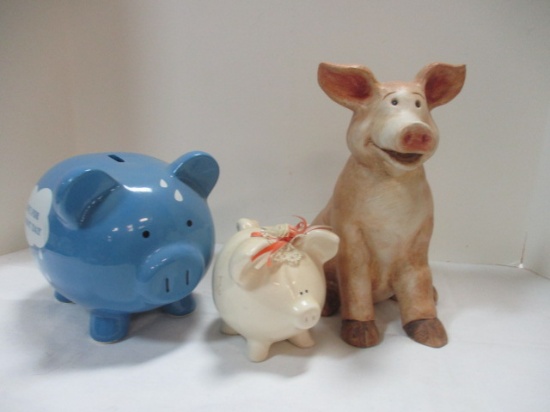 2 Vintage Piggy Banks and Large Pig Figurine