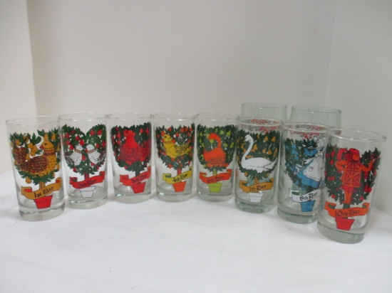 Vintage 8 Anchor Hocking "12 Days of Christmas" Glasses and 2 Coca-Cola