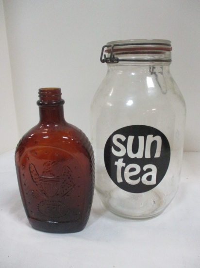 Log Cabin "1776 Eagle" Syrup Bottle  and "Sun Tea" 2 Liter Glass Jar