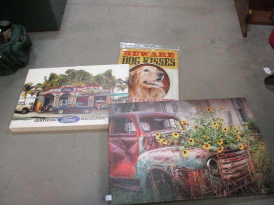 2 Photo Print on Canvass Artwork and 1 Metal "Dog Kisses" Sign