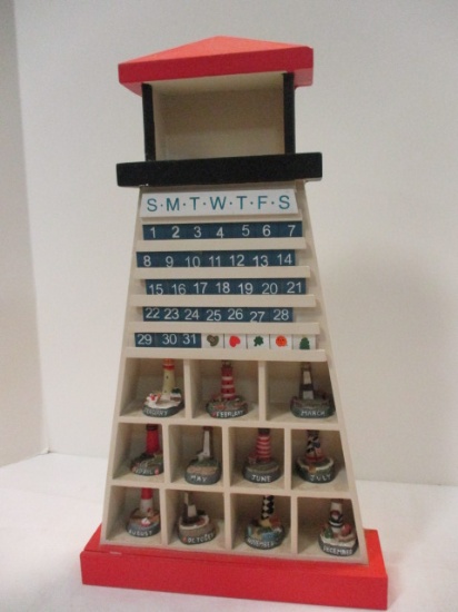 Unique Painted Wood Lighthouse Calendar with Monthly Lighthouse Figurines