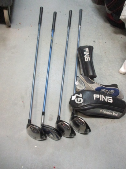 4 Ping Golf Clubs - 3, 5, 7, and G-5 Irons with 3 Head Covers