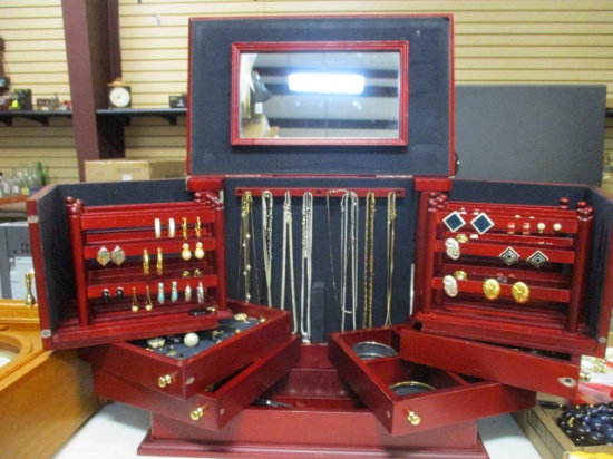 Large Wood Jewelry Box Filled with Estate Jewelry