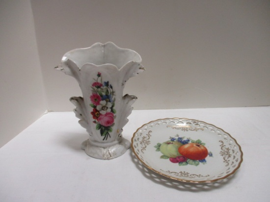 Vintage Winterly (Germany) Handpainted Slotted Plate and Vase