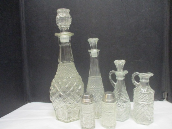 Collection of Vintage Pressed Glass Decanters, Cruets, and Shakers