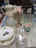 Partial Table Lot - Vintage Pressed Glass Dishes, Coffee Mugs, Coca-Cola Glasses,