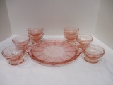 Vintage Pink Depression Glass Handled Round Platter and 8 Sherbet Stem Bowls