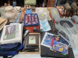 Table Lot - Pyrex Casserole Carriers, Picture Frames, Lionel Metal Box,
