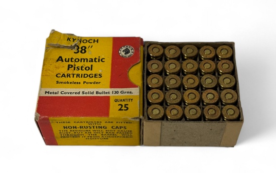 NIB 25rds. of .38 AUTO Colt Pistol 130gr. MC Kynoch Collectible Ammunition