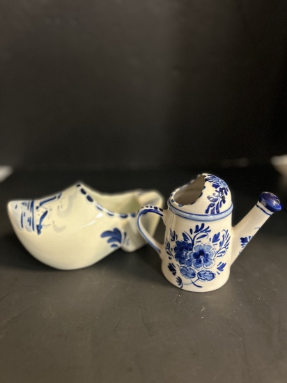 Vintage Delft Blue (Holland) Pottery Small Watering Can and Shoe Planter
