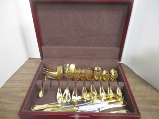Set of Farberware "Breeze" Gold Plated Stainless Flatware in Silver Saver Box