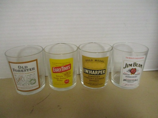 4 Bourbon Whiskey Logo Glasses - Jim Beam, Old Forester, Early Times,