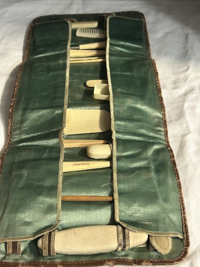 Antique French Ivory Travel Grooming/Manicure Set in Leather Case