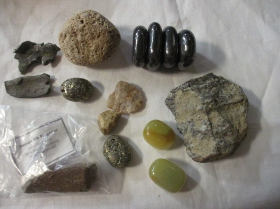 Lot of Geodes, Polished Stones, Fools Gold, Dinosaur Rib Fragment, and