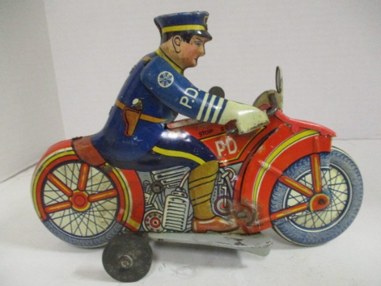 Vintage Louis Marx Police Motorcycle with Siren Wind-Up Tin Toy