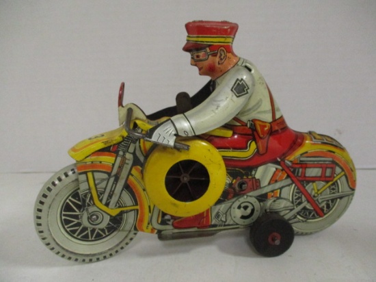 Vintage Louis Marx "Rookie Police" Lytho Wind-Up Tin Motorcycle Toy