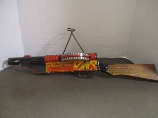 Vintage Marx "Gangbusters" Wind-Up Tin Gun with Wood Handle