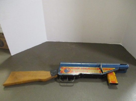 Vintage Marx "Home Defense" Wind-Up Tin Gun with Wood Handle