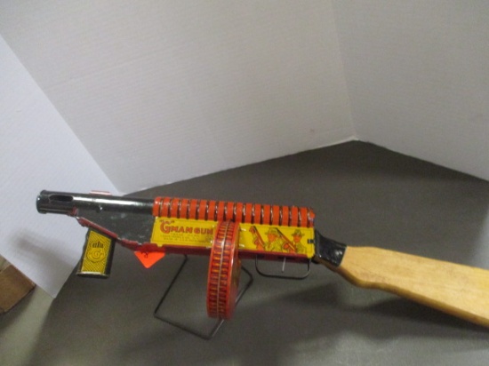 Vintage Marx "G-Man Gun" Wind-Up Tin Shooter with Wood Handle