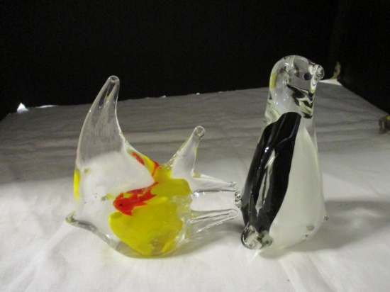 Blown Art Glass Penguin and Fish Sculptures