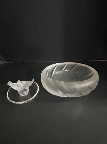 Vintage Lalique Frosted "Two Lovebirds" Tray and "Yseult" Bowl