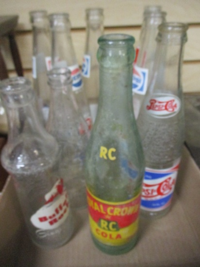 Lot of 9 Vintage Pepsi, Coca-Cola, RC, and Buffalo Rock Glass Soda Bottles