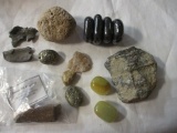 Lot of Geodes, Polished Stones, Fools Gold, Dinosaur Rib Fragment, and