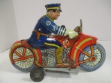 Vintage Louis Marx Police Motorcycle with Siren Wind-Up Tin Toy