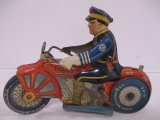 Vintage Louis Marx Police Motorcycle Wind-Up Lytho Tin Toy