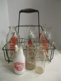 Vintage Metal 6-Bottle Carrier with 9 Glass Milk Bottles