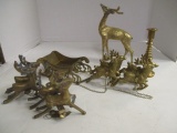 Vintage Brass Reindeer and Sleigh and Brass Candlestick