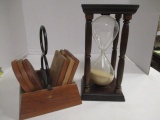 6 Wood Coasters in Stand and Wood Framed Hourglass