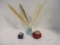 Three Colored Glass Inkwells and Three Feather Quills
