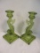 Pair of Avocado Green Glass Dolphin Fish Candle Sticks