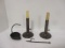 Antique Wrought Iron Betty Lamp and Pair of Hog Scraper Candle Sticks