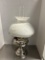 Silver Tone Oil Parlor Lamp Converted to Electric with Satin Glass Shade