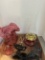 Vintage Quilted Pattern Cranberry Glass Oil Lamp with Cast Iron Wall Sconce Hanger