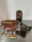 Vintage Iron Hand Weight, Tin Worm Box, Receipt Holder, Eyeglasses, Pocket Knife