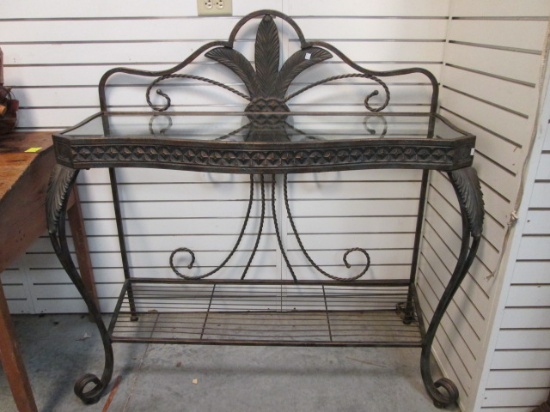 Bowfront Wrought Iron Glass Top Console Buffet Table with Pineapple Motif
