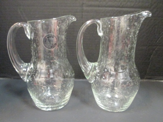 Two Colorless Riom Hand Made French "Bubbly" Art Glass Pitchers