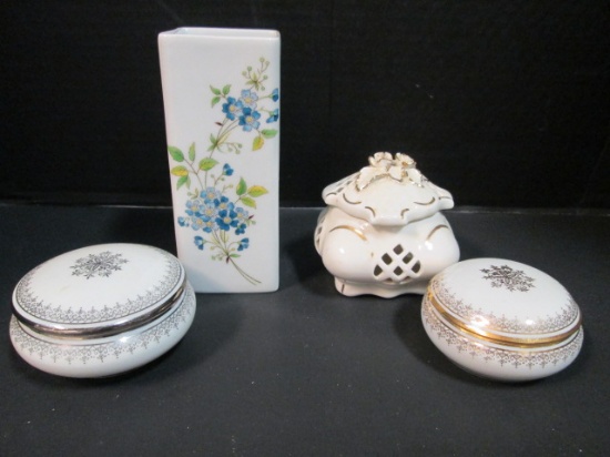 Limoges Porcelain Vase, Two Vanity Trinket Boxes and Pierced Porcelain Vanity Box